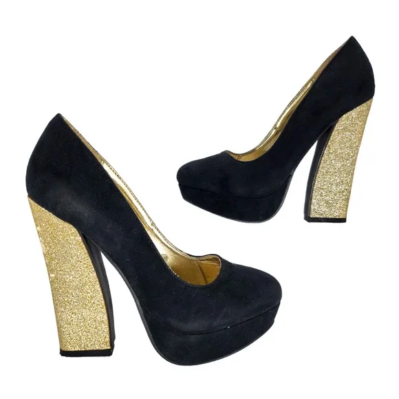 Forever 21 | Shoes | Forever 2 Black Gold Glitter High Chunky Block Prom  Cocktail Party Heels Sz 6 | Poshmark